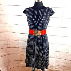 AK Anne Klein Dress Polka Dot A-line Fit-and-Flare Black 8 M Elastic Belt zipper